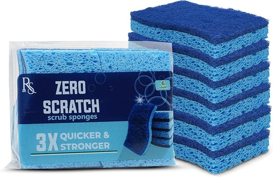 RSLIFE Blue Scrub Sponges Pack of 6 – Dual-Sided Kitchen Sponges for Cleaning – Non Scratch for Dishes, Bathroom, Surfaces – Durable Dishwashing Sponge