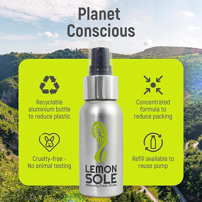 NATURAL SHOE FRESHENER & DEODORISER, Freshening Shoe Spray with 6 Powerful Essential Oils for Long-Term Odour Control, Designed for Sports, Fresh Lemon Scent.