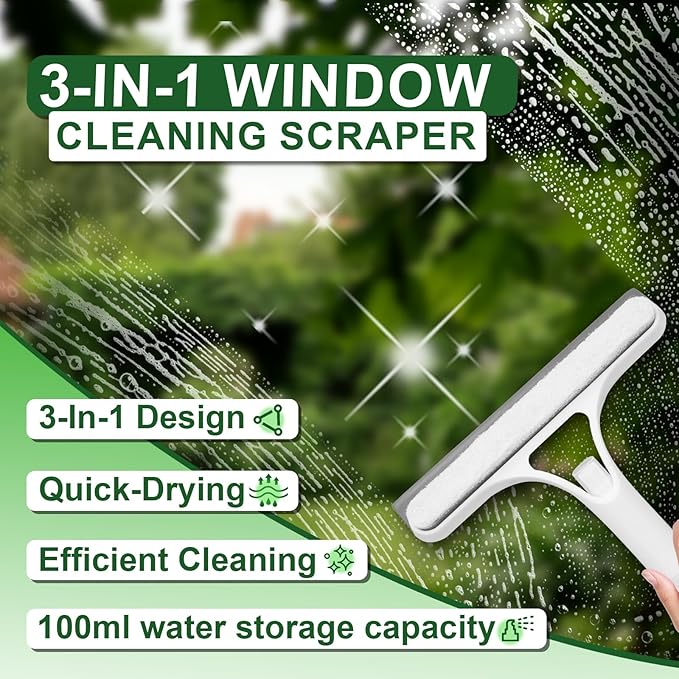 FZHZVVZPY 3 in 1 Window Cleaning Scraper, Window Squeegee with Sprayer, Window Cleaning Scraper for Windows, Walls, Car Windshields, Bathrooms, Kitchens, All-Purpose Window Cleaner Tool (Blue)