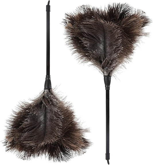 Natural Ostrich Feather Duster 14.9 inch Fluffy Mini Dusters with Plastic Handheld for Cleaning Car Keyboard Office 2 PCS