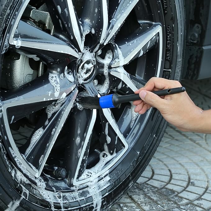 TAKAVU Short Handle Wheel Tire Brush & Included Detail Brush - Car Cleaning Kit for Rims, Tires, Interior Vents, Emblems - Scratch-Safe (Blue - Stiff Bristle)