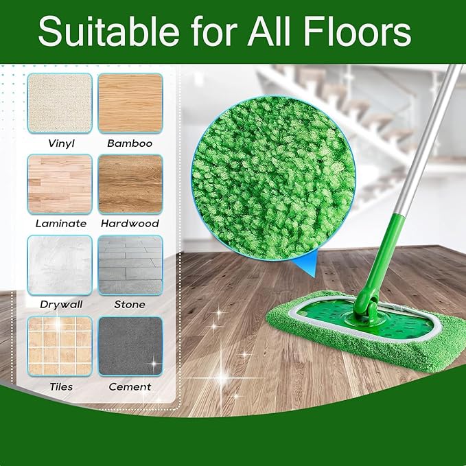 Reusable Microfiber Mop Pads Washable Wet Pads Compatible with Swiffer Sweeper Refills Pads for Wet & Dry Sweeping Cloths Mop Head Replacement for Household Cleaning (Green 6PCS)