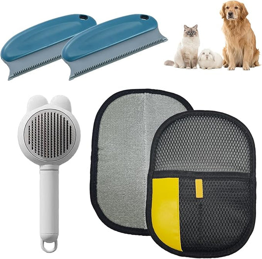 5Pcs Pet Hair Remover Glove Kit for Dogs & Cats - 2 Pack Grooming Gloves & Rubber Brush & Comb - Reusable Pet Hair Remover for Laundry for Furniture Carpet Car Interior Couch Bedding Auto Detailing