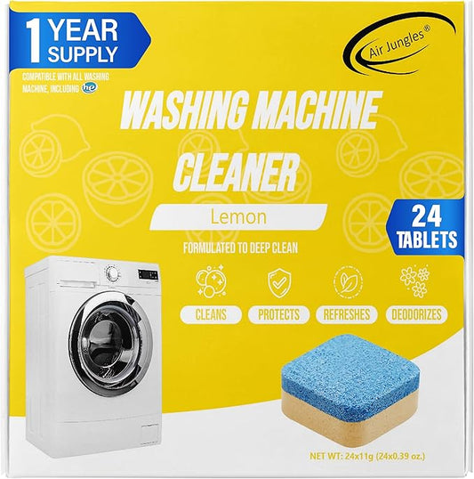 Air Jungles Washing Machine Cleaner Tablets 24 Count, Lemon Scent, Deep Cleaning, Dirt Remover, Clean Laundry Washer Drum and Tub, Compatible with Front and Top Load Washer, 12 Month Supply