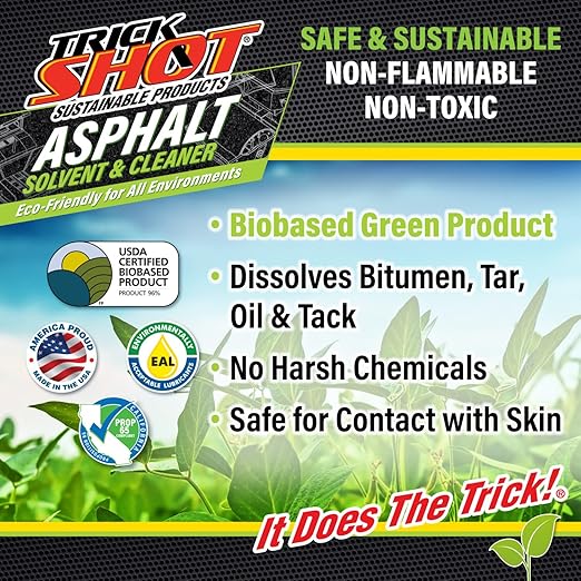 Trick Shot Asphalt Solvent and Cleaner - Biodegradable Industrial Degreaser for Paving Equipment & Tools - Eco-Friendly Remover of Tar, Tack, Sealcoating Oil, & Bitumen, Made in USA (1 Gallon Can)