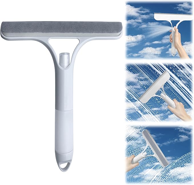 3 in 1 Window Cleaning Scraper with Spray,Glass Squeegee with Removable Hook-and-Loop Scrubbing Sponge,Mirror Cleaner Tool for Home,Car Windshield,Shower Glass,Easy Scrubbing & Streak-Free Cleaning