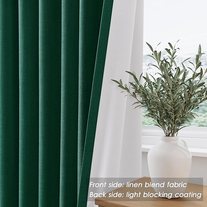 Nanspring Linen Texture Blackout Curtains 84 Inches Length 2 Panels Set Thermal Insulated Bedroom Drapes with Back Tab 100% Room Darkening Neutral Rustic Farmhouse Curtains in Dark Green 52X84