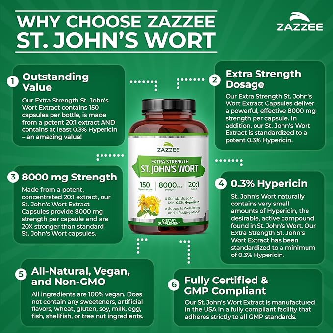 Zazzee Extra Strength St. John’s Wort 20:1 Extract, 8000 mg Strength, 0.3% Hypericin, 150 Vegan Capsules, 5 Month Supply, Concentrated, Standardized 20X Extract, 100% Vegetarian, Non-GMO, All-Natural