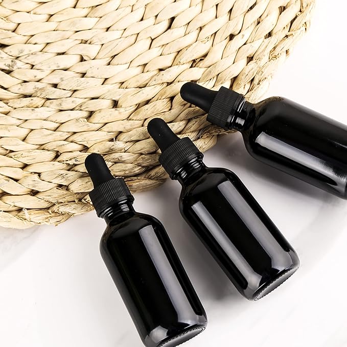 2 oz UV Resistant Dropper Bottle 24 Pack Black Glass Boston Bottles 60ml with Eye Droppers Black Caps for Essential Oils, Perfume, Leak Proof Travel Bottles for Liquids