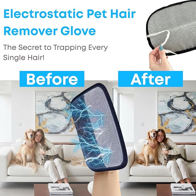 HELO PETS Reusable Pet Hair Remover Glove – Electrostatic Fur Removal for Cats & Dogs, Cleans Couch, Furniture & Clothing Fast – Wash, Dry & Use Again - Gentle with Soft Fabrics.
