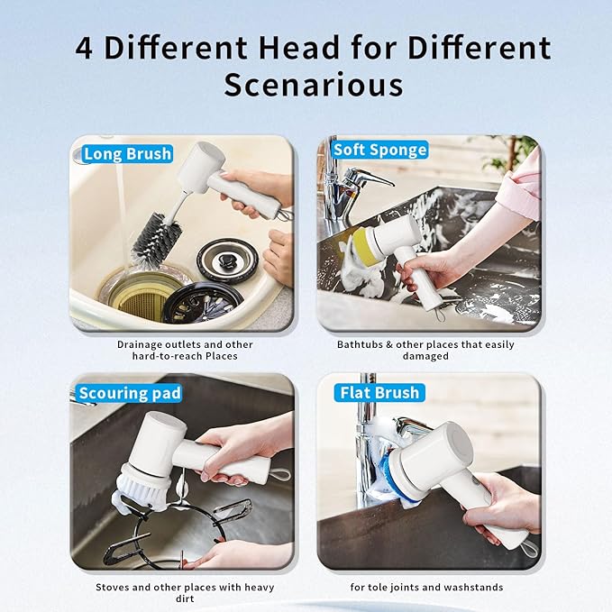 Electric Spin-Power Scrubber,Cordless Brush for Kitchen, IPX7 Waterproof Dish Washing Scrubber Brush Multi-use Electric Handheld Brush for Bathroom,Sink,Bathtub,ect
