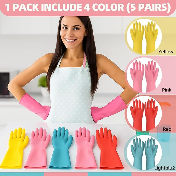 Rubber Cleaning Gloves for Dishwashing-5 Pairs Colorful Reusable Household Cleaning Glove for Washing Dishes and Kitchen Cleaning Non-Slip Grip Dish Gloves for Women Men (Small)
