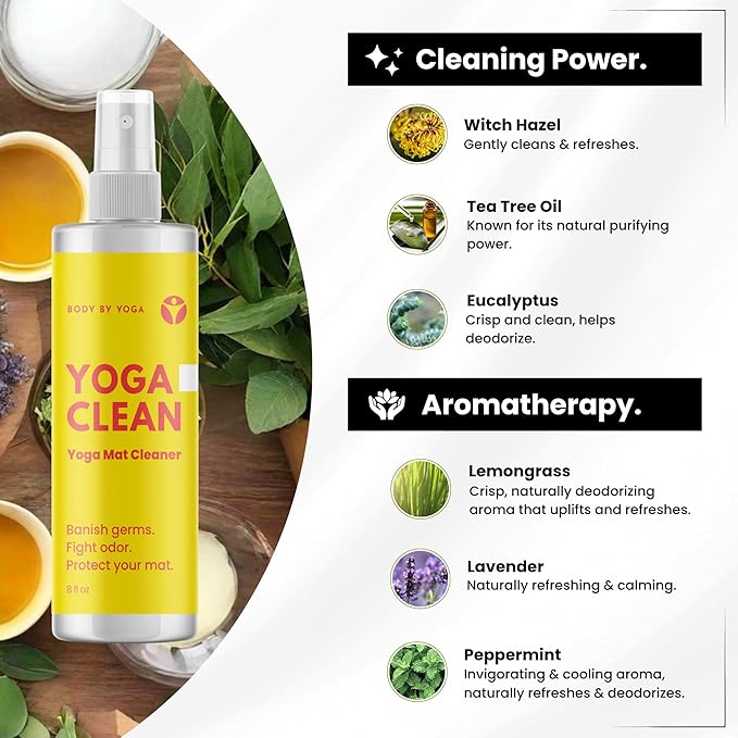 Yoga Clean - Premium Yoga Mat Cleaner Spray, Natural Plant-Based Deodorizer with Essential Oils | Refreshing Aromatherapy Scent | 8 oz Safe for Cork, Rubber & All Fabrics, Made in the USA