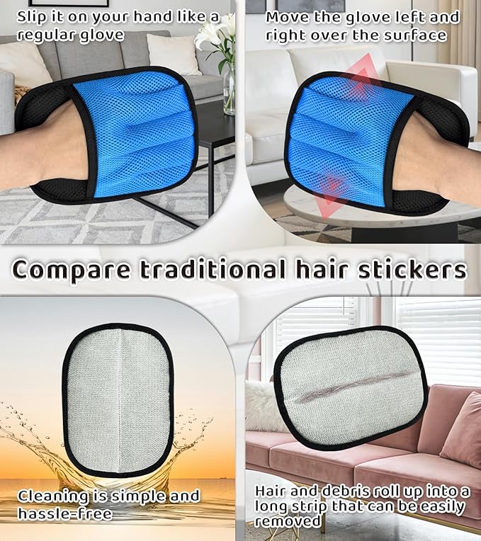Upgraded 5-Finger Pet Hair Removal Gloves for Cats & Dogs, Reusable Electrostatic Magic Brush for Carpet, Couch, Car Seat, Clothing, Gentle Grooming and Hair Remover Tool (Blue)