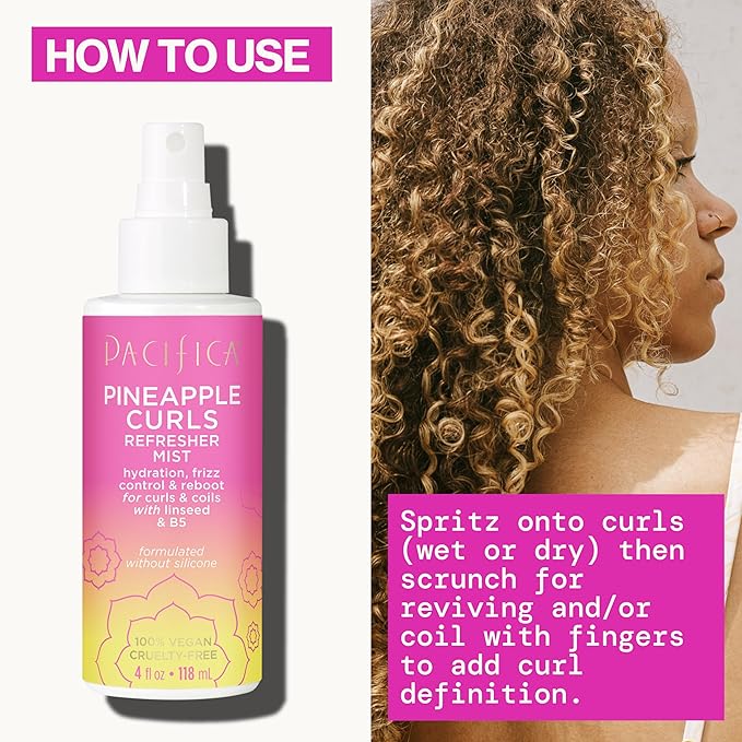 Pacifica Pineapple Curls Refresher Mist - Curl Refresher Spray, with Hyaluronic Acid, Vitamin B5 and Plant Oils, Vegan and Dermatologist Tested Curly Hair Products and Wavy Hair Products - 4 Fl Oz