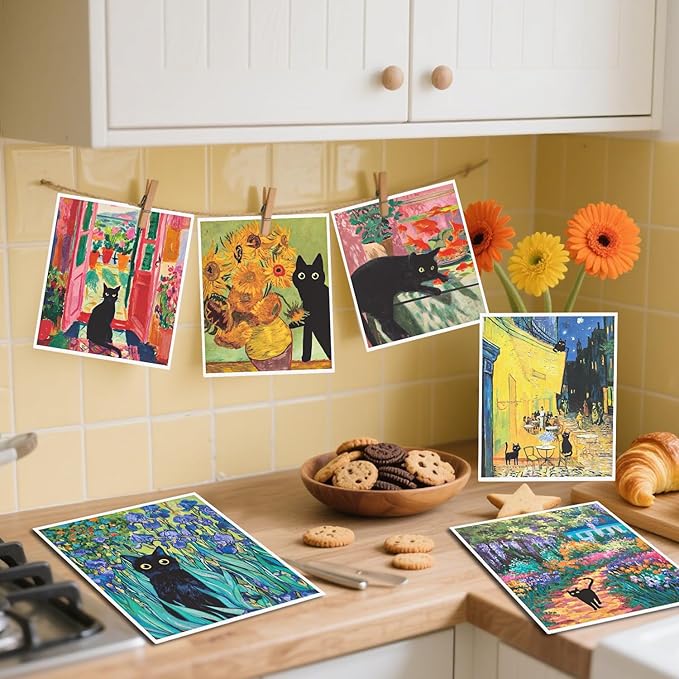 Black Cat Swedish Dishcloths for Kitchen - 6PCS Oil Painting Black Cat Swedish Cloths for Washing Dishes, Cotton Kitten Reusable Dish Towels, Washable Cleaning Sponge Gifts Fast Drying