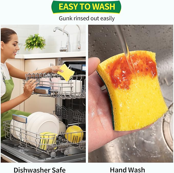 HOMERHYME Heavy Duty Sponges, 12 Pack Cellulose Scrub Sponge, Dual-Sided Kitchen Sponge, Multipurpose Sturdy Ergonomic Design for Kitchen Dishwashing, Uncoated Cookware, Sink, and Countertops