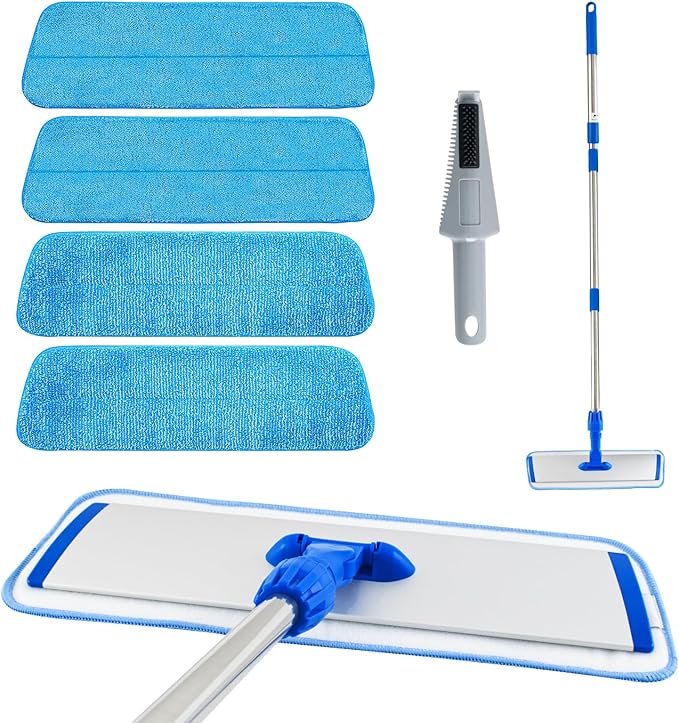 Flat Mop with Stainless Steel Handle, Handle Adjustable 3 Sections Splice Microfiber Mop Floor Cleaning 4 Pieces Mops Cloth Wet & Dry Pads Wet and Dust Mopping