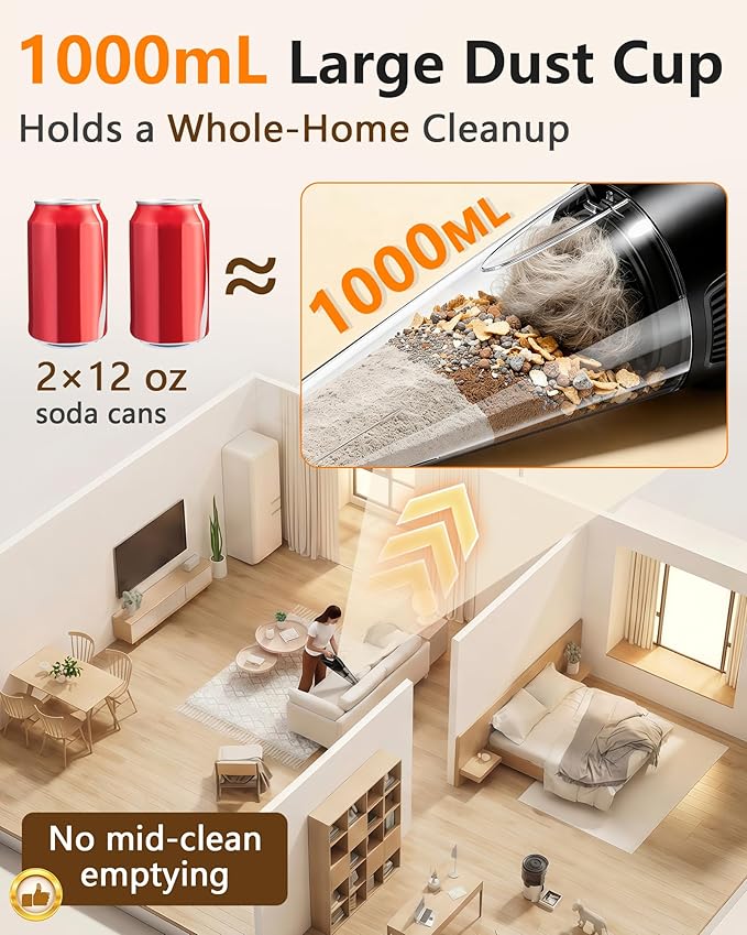 Handheld Vacuum Cordless Rechargeable with Charging Dock - 16000Pa Ultra-Strong Suction, Portable & Lightweight, Fast Charging, LED Light, 1000ML Super-Large Dust Cup, Long Battery Life for Home