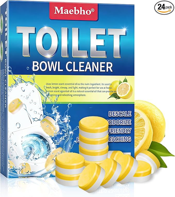 Maebho Toilet Bowl Cleaner Tablets – 24 Pack | Powerful Stain Removal, Septic Safe, Lemon Scent | No Harsh Chemicals, Long-Lasting Cleaning for Toilet Bowls