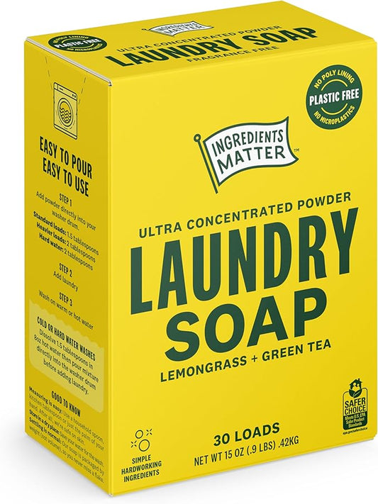 Ingredients Matter Powder Laundry Soap - Lemongrass Scent, Hypoallergenic Detergent, Natural & Eco-Friendly, Plastic Free, Made in USA, Natural Essential Oils & Dermatologist Tested - 15 oz, 30 Loads