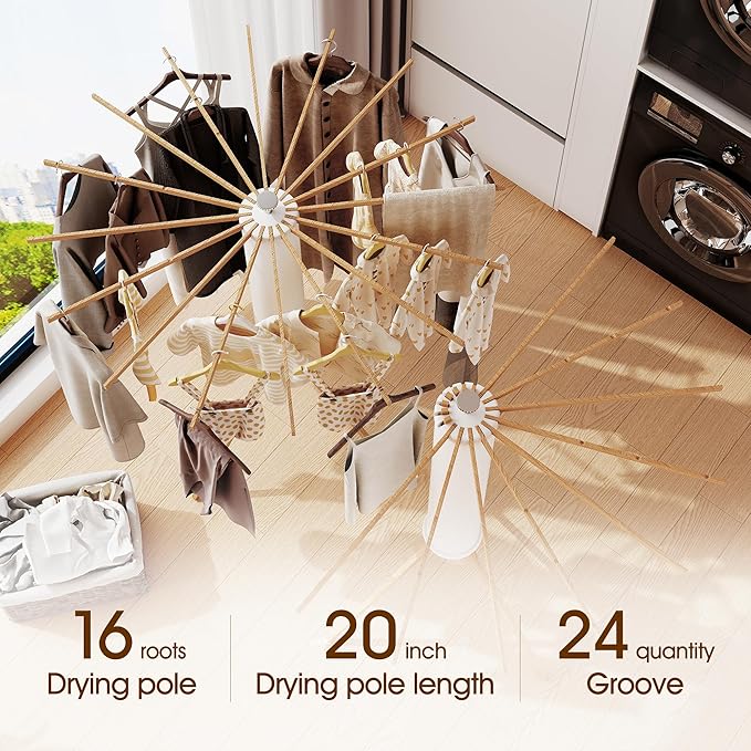 Tripod Clothes Drying Rack Foldable,Floor Standing Drying Rack Clothing,(16 Wood Poles),Laundry Drying Rack,Clothes Hanger Rack,Laundry Rack Folding,Collapsible,Retractable