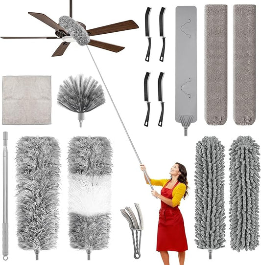 MimAuto Professional 14-in-1 Cleaning System with 100-inch Pole, 4 Duster Heads, Flat & Cobweb Tools for Ceiling to Floor