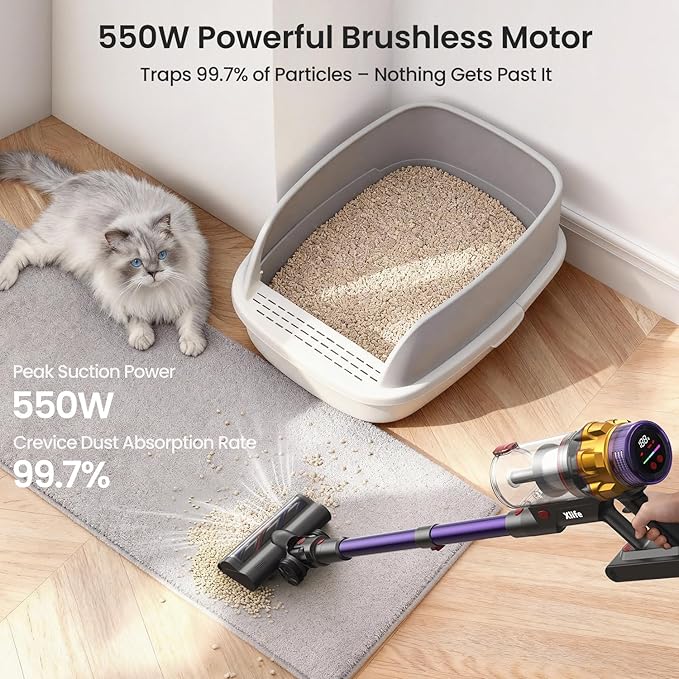 Xlife Cordless Vacuum Cleaner, 550W 48KPA Stick Vacuum Cleaners for Home, Wireless Vacumm with Self-Standing, Anti-Tangle Brush for Hardwood Floor/Carpet/Pet Hair-P12