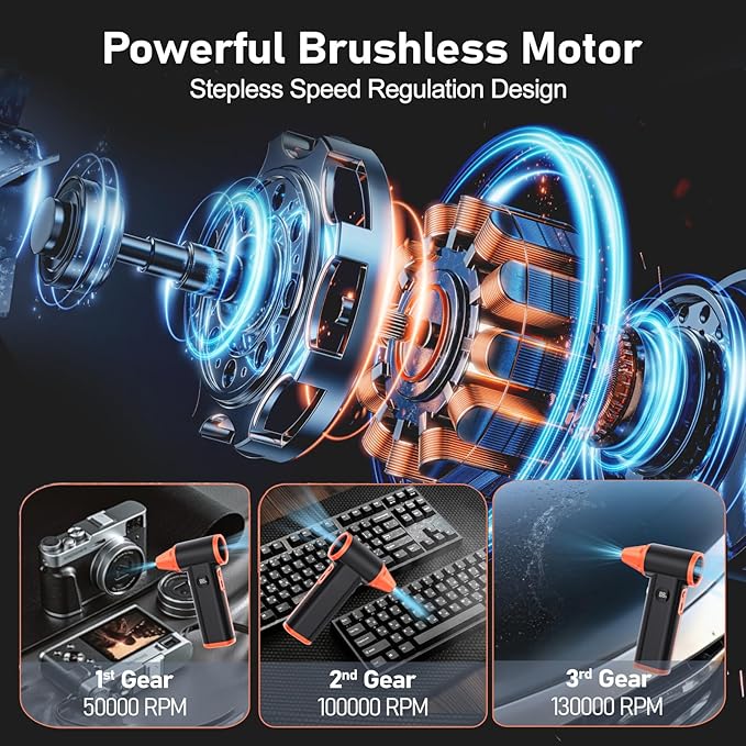 Larkeey Compressed Air Duster Rechargeable Electric Air Duster for PC Keyboard Mini Dust Blower 130000RPM Cordless Air Blower Jet Dryer Turbo Fan Handheld Blower for Car Home Office, Black-Orange