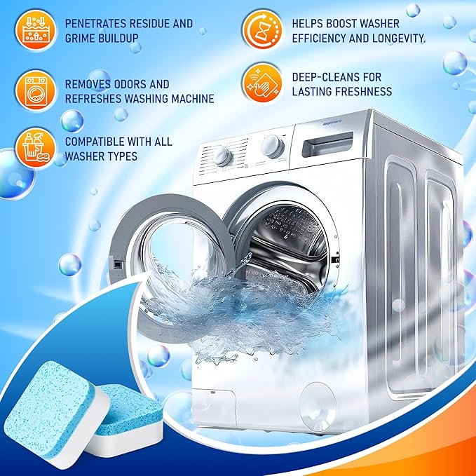 Washing Machine Cleaner Tablets (48 Count) - Deep Descaling Formula for HE Front & Top Load Washers - Removes Limescale, Grime & Odor - Septic Safe, Fresh Lemon Scent