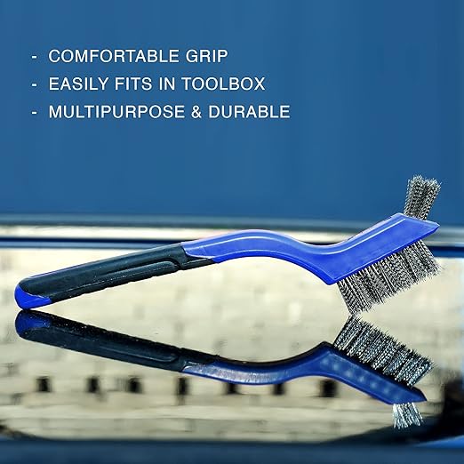 Lavaxon Wire Brush Set 3Pcs - Nylon/Brass/Stainless Steel Bristles with Curved Handle Grip for Rust, Dirt & Paint Scrubbing with Deep Cleaning – 7 Inches (Blue)