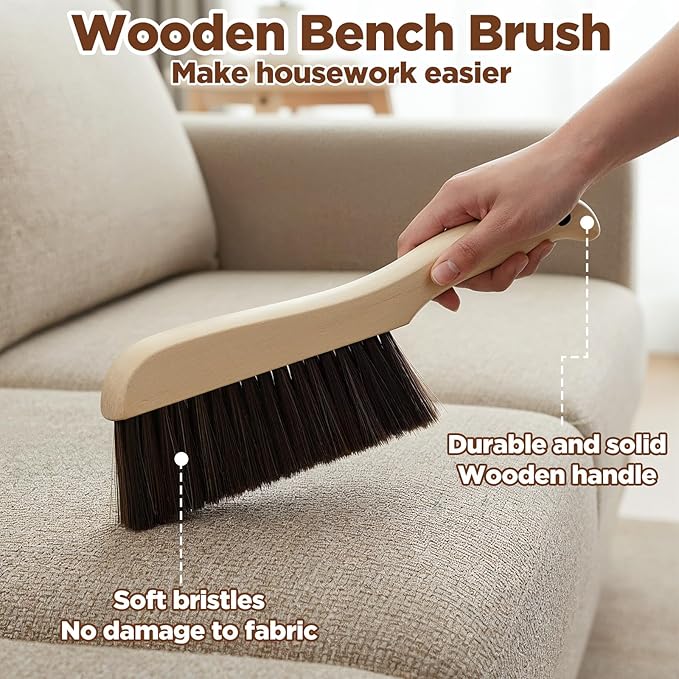 Afcabakila 6 Pieces Wooden Hand Broom, Soft Bristle Dust Brush with Long Wood Handle, Cleaning Brush for Furniture, Car, Sofa, Bed, Fireplace, Bench, Counter, Clothes, Household Cleaning, Brown
