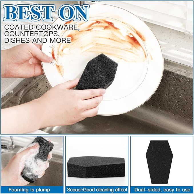 Tioncy 12 Pack Coffin Sponges Kitchen Bulk Dual Sided Scrubber Halloween Sponges Dishwashing Non Scratch Coffin Kitchen Accessories Dish Scouring, Black