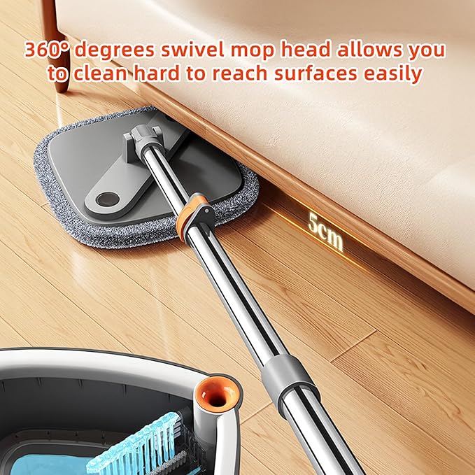 Spin Mop and Bucket Set with Self Separation System 360° Spinning Self-Wringing, Mops and Buckets for Floor Cleaning-with Replaceable Mop Cloths-2Pads-Dark Gray