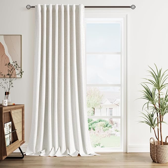 Nanspring 100% Blackout Linen Curtains 102 Inches Long 1 Panel for Bedroom Back Tab Pinch Pleated Black Out Curtain Neutral Cream Noise Cancelling Light Blocking Window Curtain 60x102