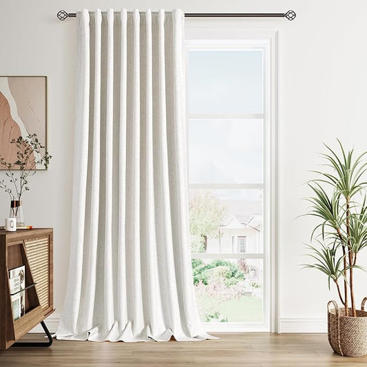 Nanspring 100% Blackout Linen Curtains 102 Inches Long 1 Panel for Bedroom Back Tab Pinch Pleated Black Out Curtain Neutral Cream Noise Cancelling Light Blocking Window Curtain 60x102