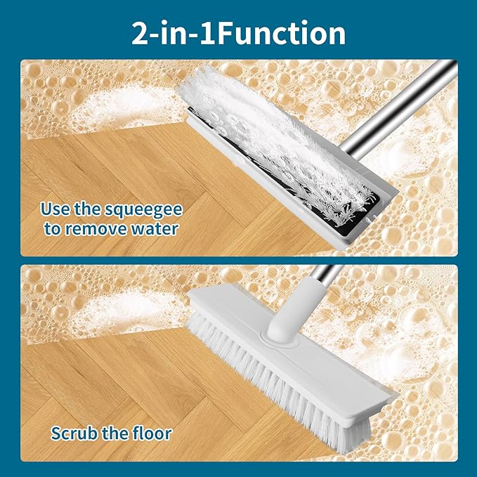 ZHAYAO Floor Scrub Brush with Long Handle, 2 in 1 Scrape Brush Stiff Bristle Floor Scrubber for Cleaning Shower Bathroom Garage Kitchen Wall Deck Tub Tile (White, 1 Pack)