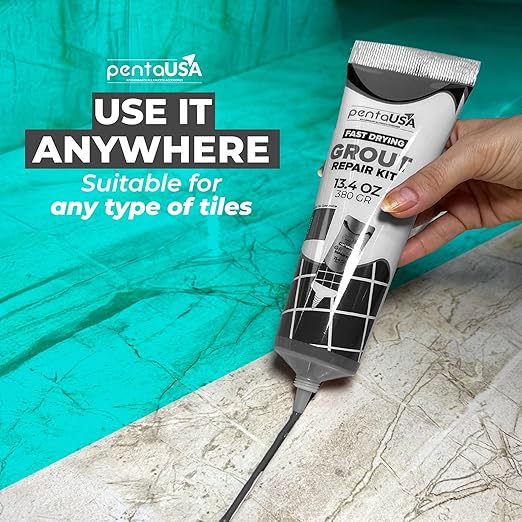 PentaUSA Tile Grout - Large Grout Filler Repairs Renews Tube, Fast Drying Grout Repair Kit, Odorless Formula - Grout Floater Included - 13.4oz / 380gr (Dark Grey)