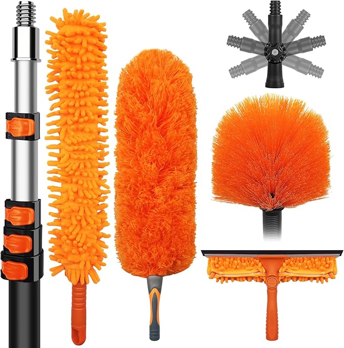 DALTACK 32 Foot High Dusters Kit for Cleaning with 5.6-24 Foot Heavy Duty Extension Pole, Extendable Reusable Cobweb, Feather, Ceiling Fan Cleaner Duster, Window Squeegee Kit