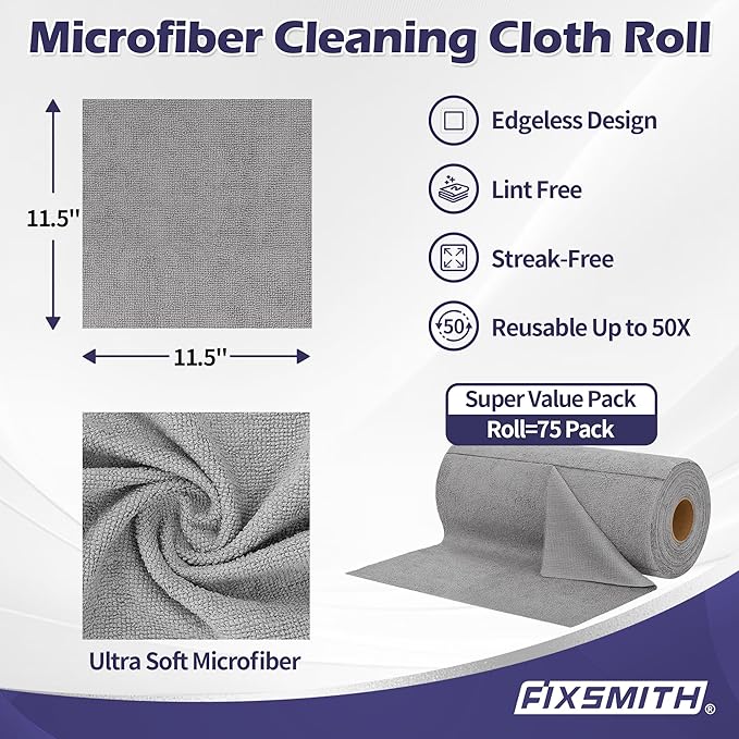 FIXSMITH Microfiber Cleaning Cloth Roll -75 Pack, Microfiber Towel Roll Tear Away, Reusable Cleaning Rags, Microfiber Towels for Cars, Dish Rags Dust Cloths for Kitchen, Home, Auto 11.5 x 11.5 inch