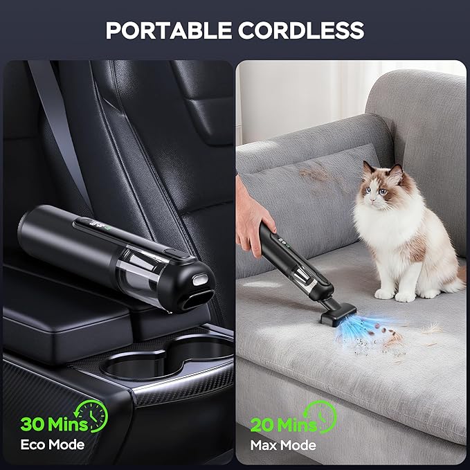 Portable Car Vacuum Cordless, 18000Pa 4-in-1 Suction Power Mini Vacuum Cleaner, 120W Brushless Motor Handheld Vacuum Cordless Rechargeable, 7800mAh Battery, LED Light, Multi-Nozzle for Car, Home, Pet