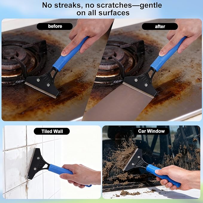 3-in-1 Professional Window Squeegee Kit with 2 Squeegee, 2 Microfiber Scrubber, 1 Razor Scraper, Thick Iron, 48.8" Window Squeegee with Extension Pole for Car, Glass, Mirror, Wall, Bathroom, Home, Van