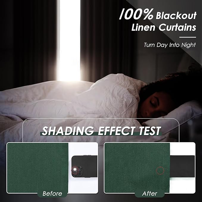 100% Blackout Linen Curtains 102 Inches Long 2 Panels Set for Bedroom Green Back Tab Black Out Curtain Modern Urban Noise Cancelling Total Light Blocking Window Curtains 102 Length 52X102 Inches