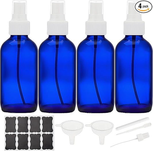 Cobalt Blue Glass Spray Bottles 4 oz, Small Empty Spray Bottles for Essential Oils, Fine Mist for Face, Hair, Plants, Travel, Perfumes, Cleaning Solutions - 4 Pack