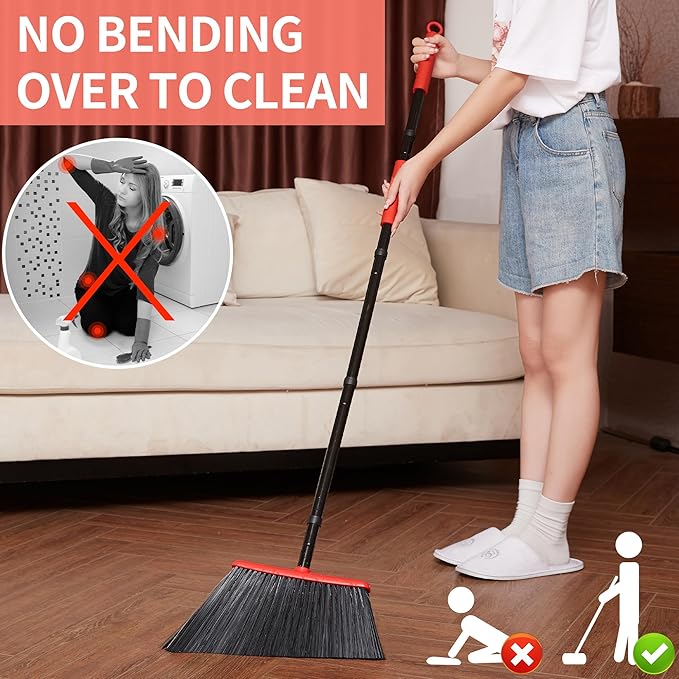 JEHONN Outdoor Broom Heavy Duty with 55 Inches Long Handle, Household Collapsible Angle Brush for Sweeping Indoor Kitchen Patio Shop Outside Garage Lobby Garden Deck Hardwood Floors