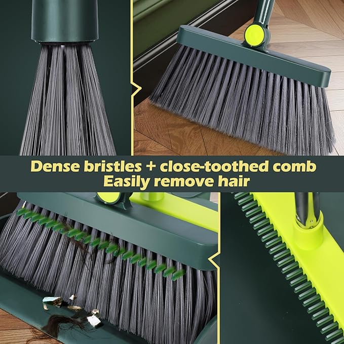 Broom and Dustpan Set – Stainless Steel Long-Handled Broom, Upright Broom with Self-Cleaning Hair Dustpan Teeth, Indoor & Outdoor Use, Suitable for Office, Kitchen & Bathroom