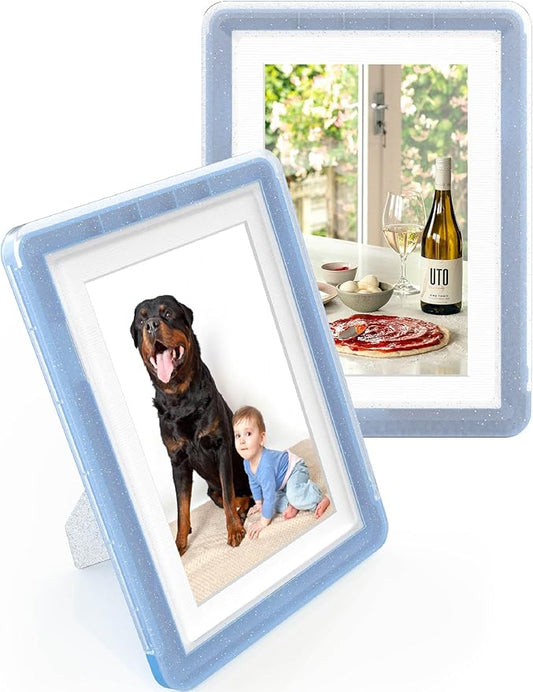 2-Pack 5x7 Picture Frame or 4x6 with Mat – Shatterproof Plastic Photo Frame for Family, Nursery & Playroom, Wall & Tabletop Picture Frames for Home Office, Safe Lightweight Design, in Crystal Blue