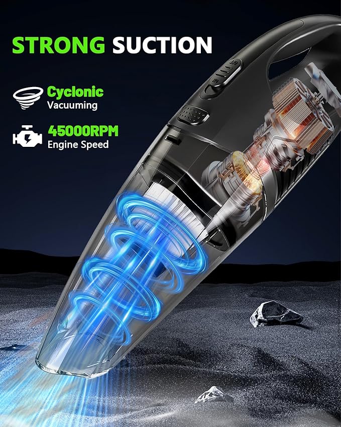 Jeagfen Handheld Vacuum Cordless, Rechargeable Car Vacuum Cleaner with Multiple Attachments, Portable Hand Held Vacuum Suction Power, Mini Vacuum for Car, Home, Pet Hair, Office, Desk, Keyboards Black