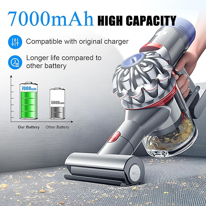 Replacement for dyson v10 battery SV12 7-Cell 206340 Battery 7000mAh Compatible with V10 Animal V10 Absolute Fluffy Motorhead SV12 Cordless Stick Vacuum Cleaner 25.2V 206340 969352-02 Carpet cat dog