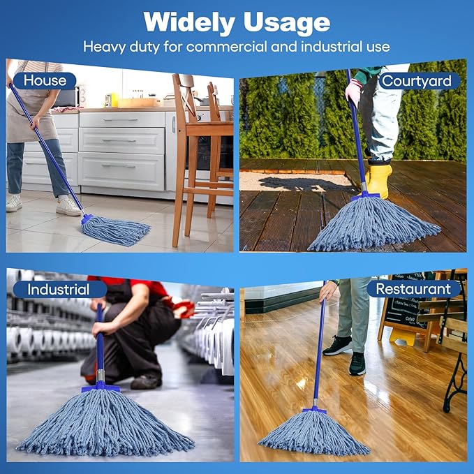 Matthew Cleaning Screw-on Heavy Duty Cotton Wet Mop Replacement Heads(Blue, Large,3Pack) with 2 Pack Microfiber Cloth for Residential & Commercial Floor Cleaning Use- Fit Standard American Screw